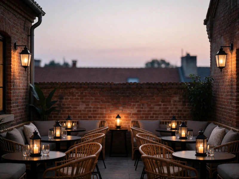 Warmly lit courtyard lounge with low seating framed by restored brick walls at dusk