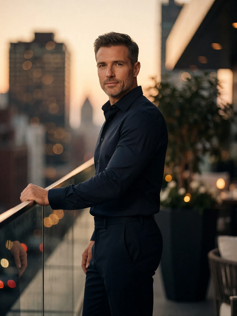Fit man in a navy shirt on a downtown rooftop lounge at dusk, an illustrative San Diego member profile portrait