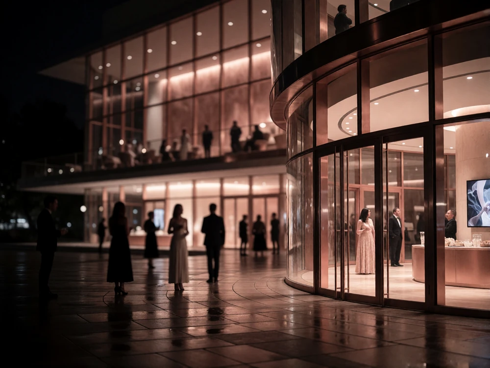 Glass and steel performing-arts plaza in Orlando at night with warm interior light spilling onto wet paving stones