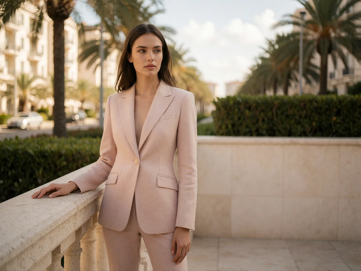 Poised woman in a tailored blush blazer on a palm-lined Beverly Hills boulevard