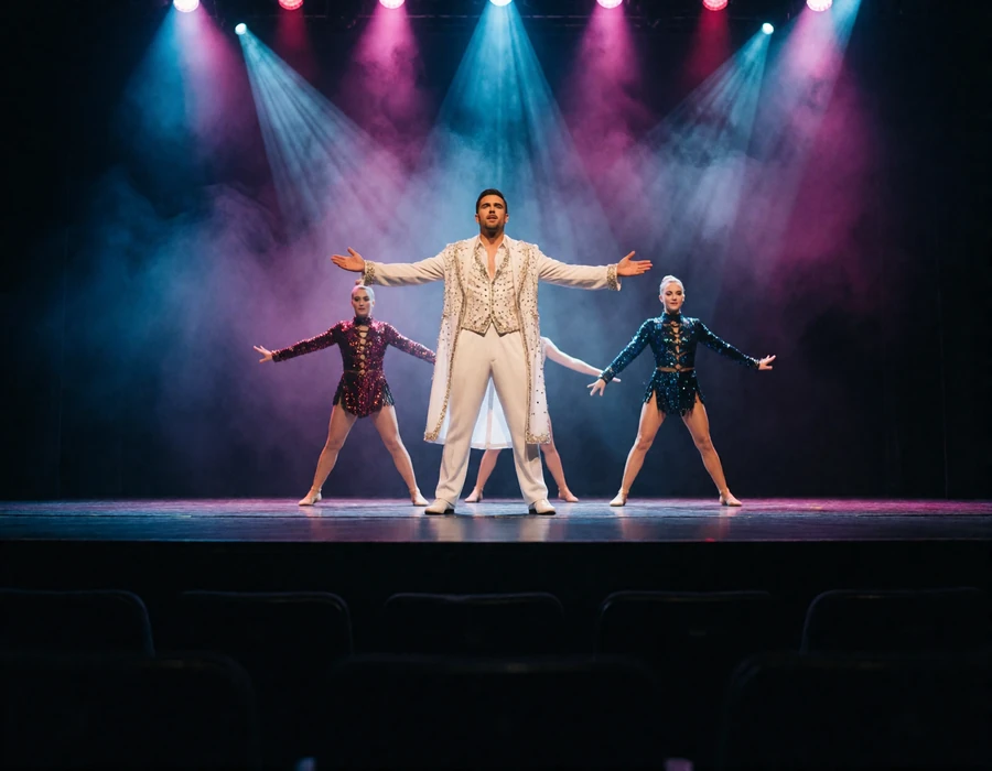 Lead performer in white on a Las Vegas stage with dancers and dramatic beams of light