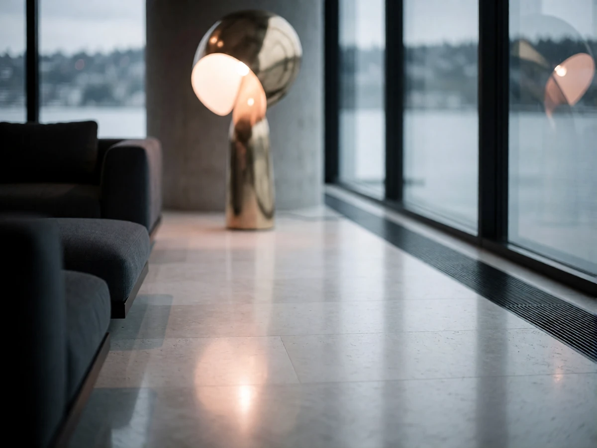Minimal penthouse lounge interior in Seattle with stone floors and floor-to-ceiling windows overlooking the water