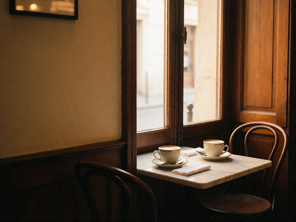 Marble cafe table for two by a tall window with warm natural light, a suggested first-meeting setting