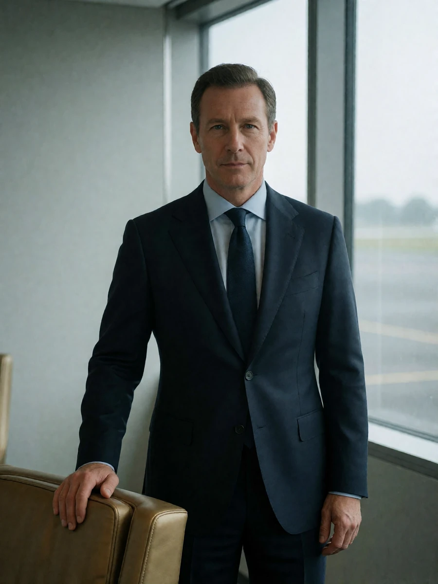 Man in a navy suit inside a private aviation lounge, an illustrative Orlando member profile portrait