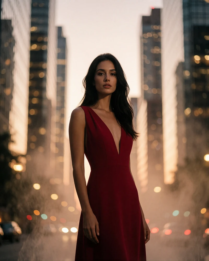 Woman with long dark hair in a scarlet evening dress against a blurred downtown avenue, an illustrative Houston member profile portrait