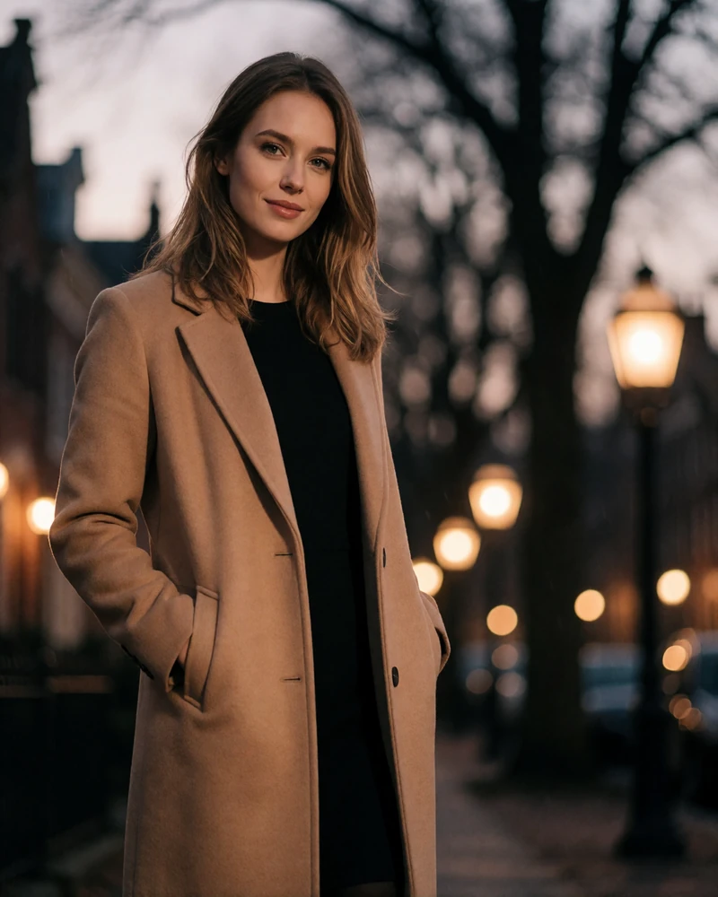 Woman with light brown shoulder-length hair in a camel wool coat, an illustrative Columbus member profile portrait