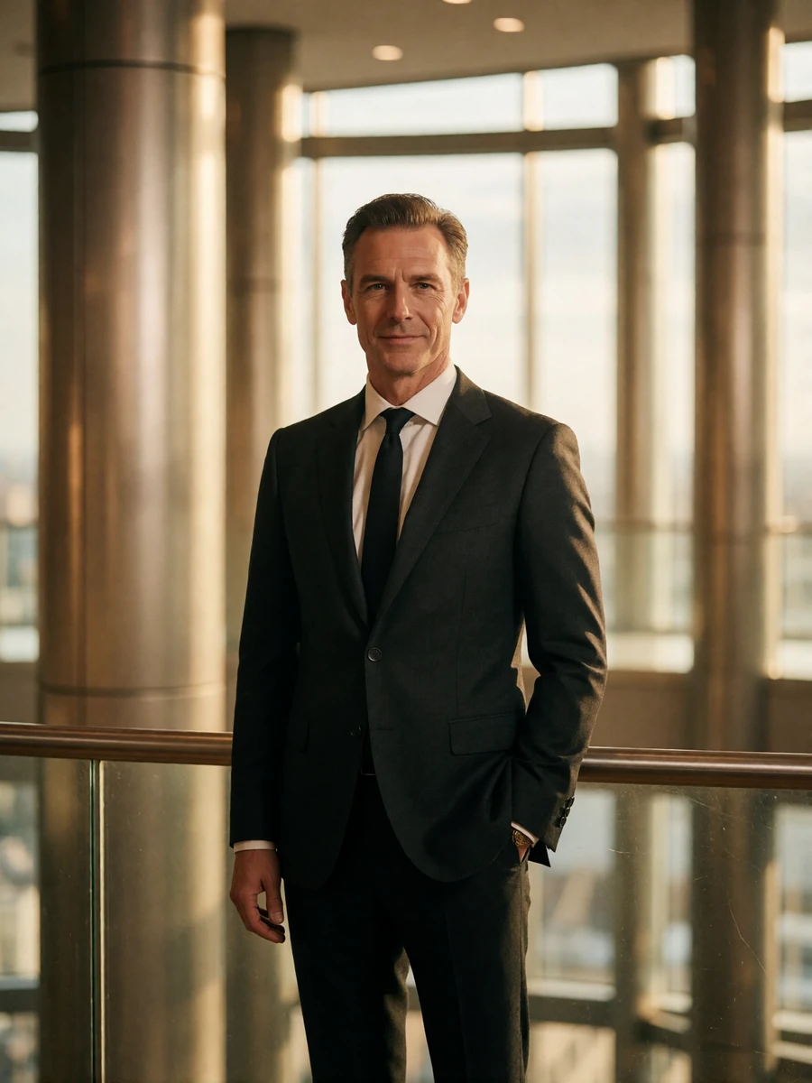 Distinguished man in a charcoal suit standing in a modern glass office atrium, an illustrative Atlanta member profile portrait