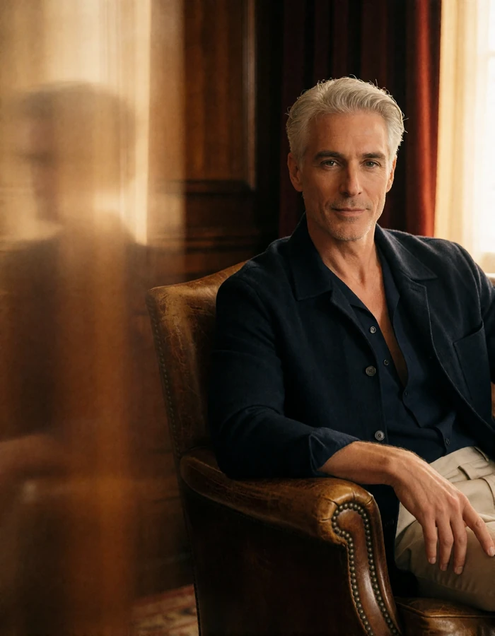 Silver-haired man in an open-collar navy shirt seated in a leather armchair at a private members lounge, an illustrative member profile portrait