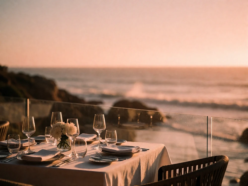 Oceanfront terrace restaurant table set with crystal stemware overlooking the surf in La Jolla at sunset