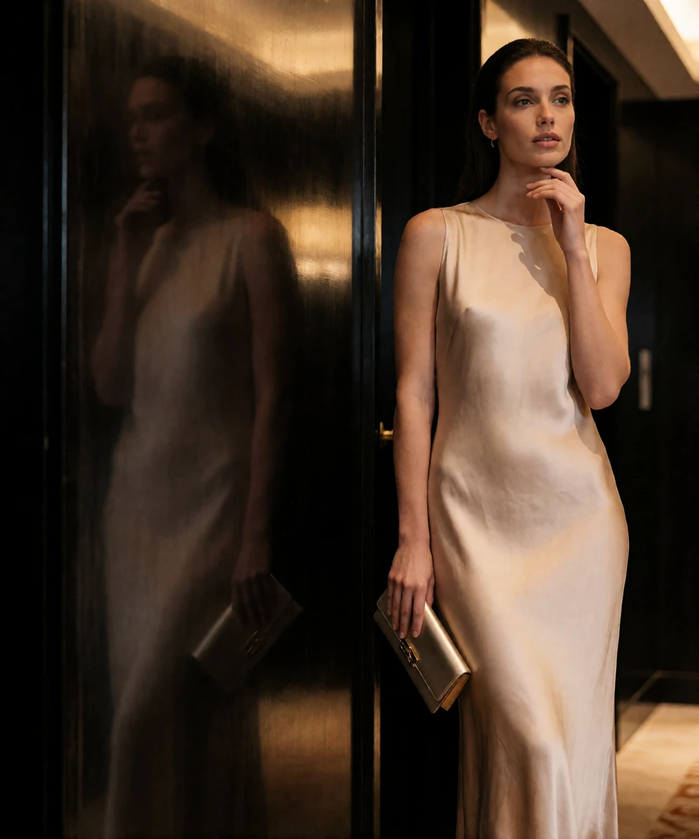 Poised woman in a floor-length champagne silk gown standing in a dim hotel corridor before a fine-dining reservation