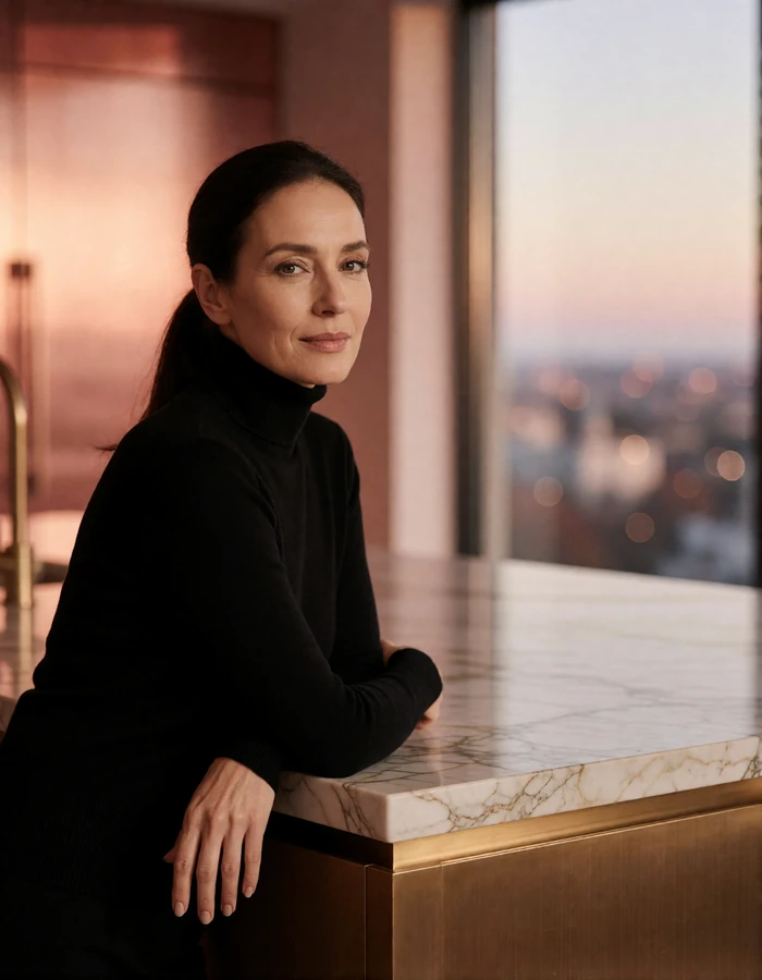 Woman in her early forties in a black turtleneck leaning on a marble kitchen island in a penthouse, an illustrative profile portrait
