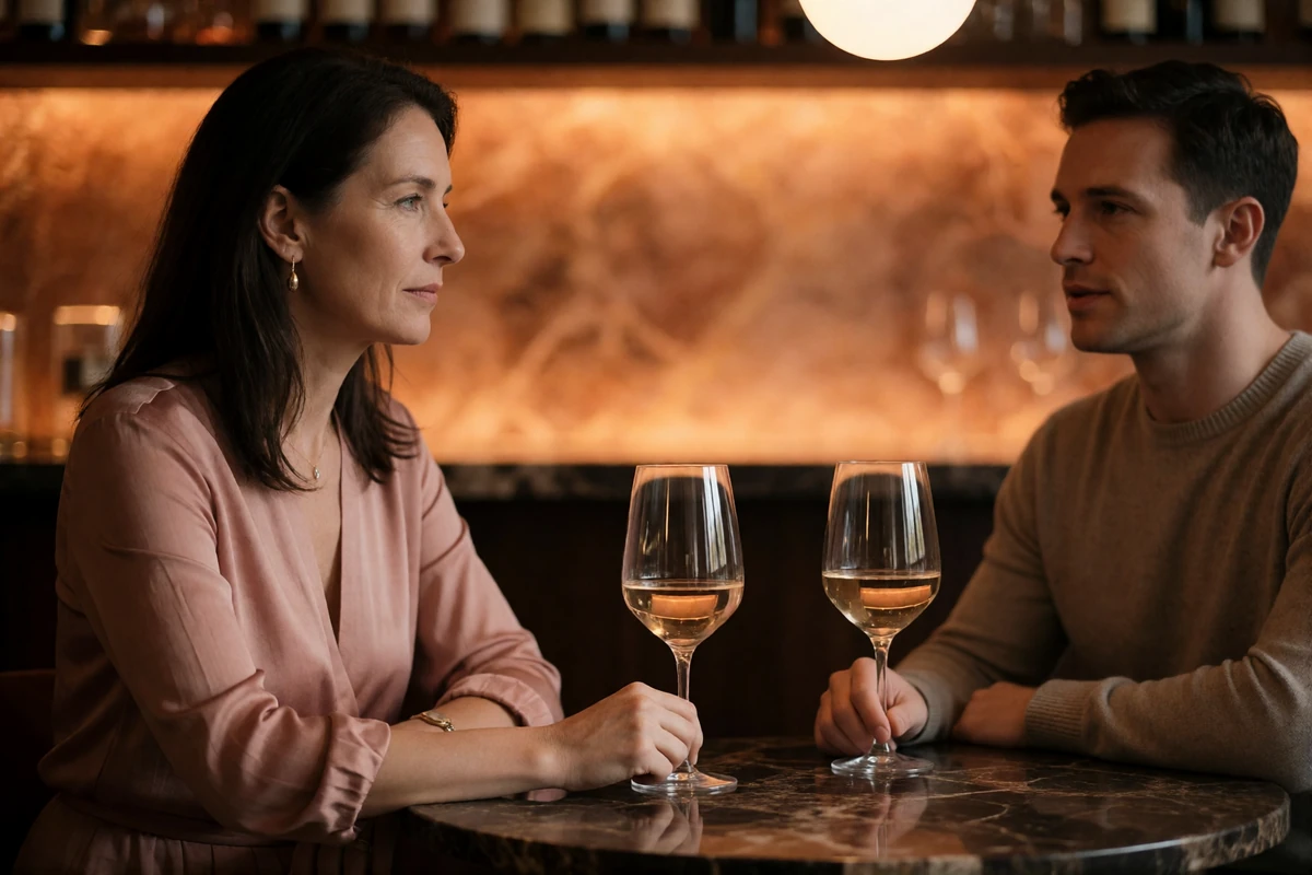 An elegant woman and a younger man in mid-conversation at a small marble table in an intimate wine bar