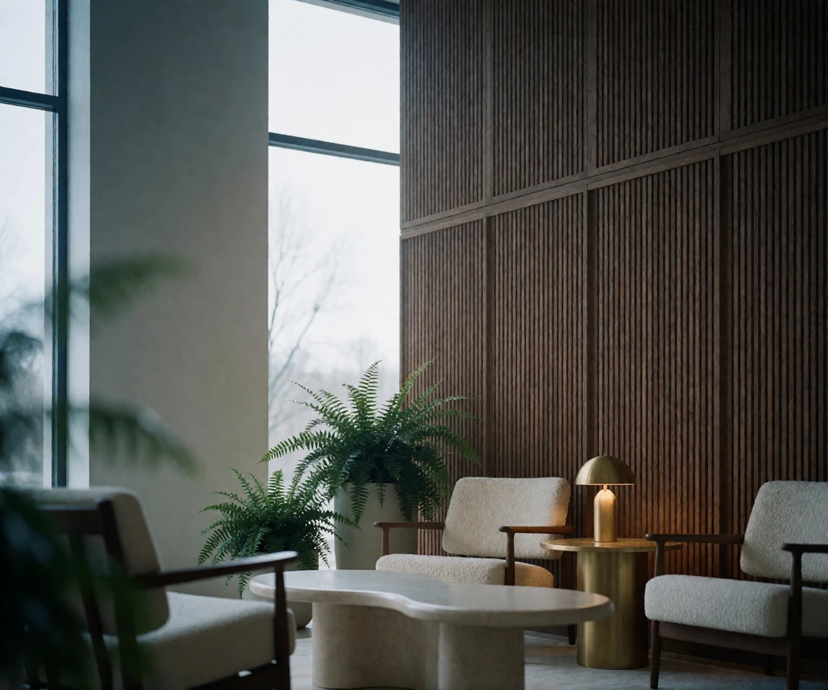 Design-led boutique hotel lobby in Portland with timber slats and mid-century seating, a common setting for a first meeting