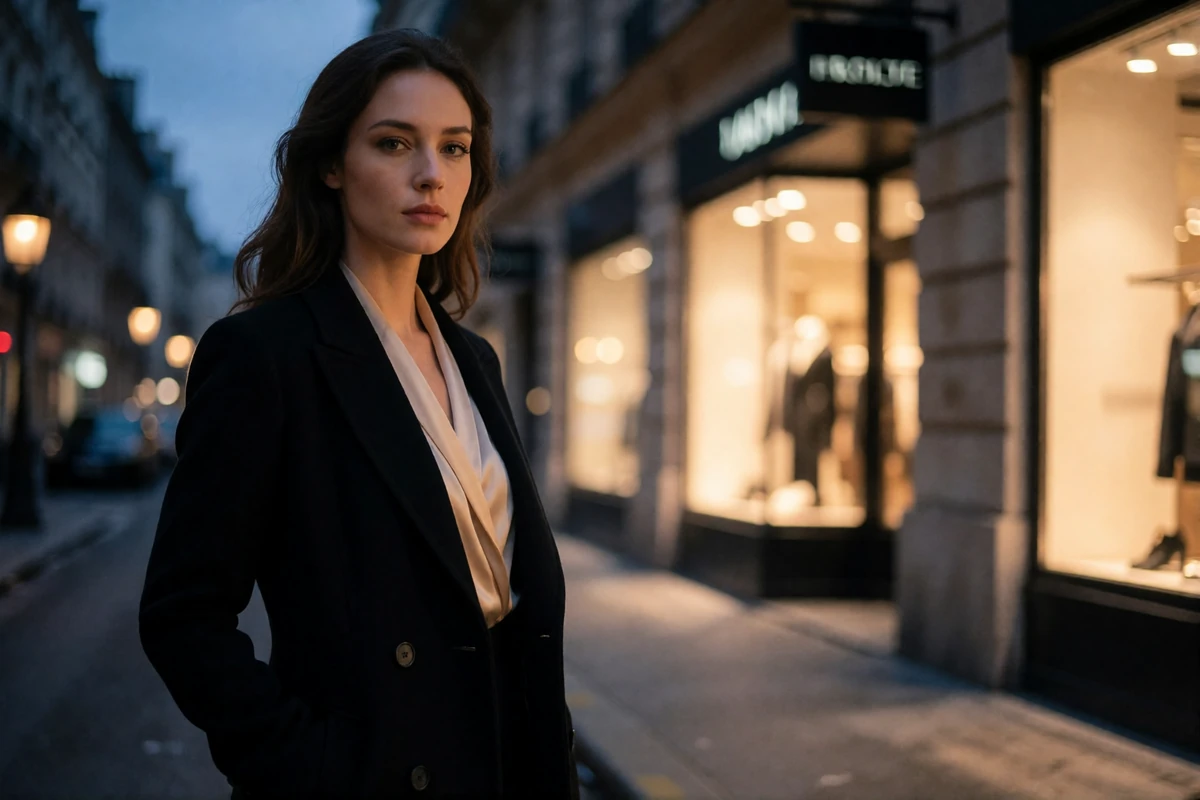 Composed woman in a tailored black coat pausing on a quiet upscale street at dusk
