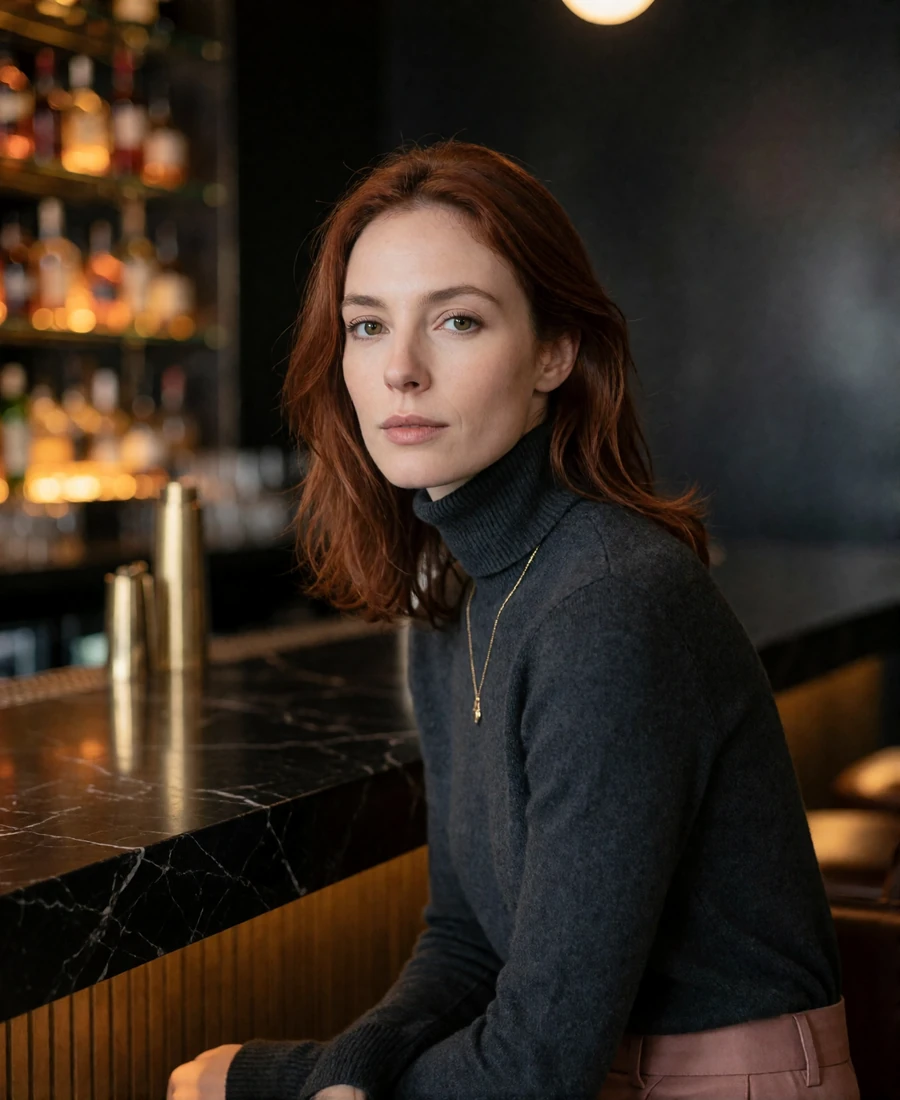 Auburn-haired woman in a charcoal turtleneck at a dark marble cocktail bar in Chicago, an illustrative profile portrait