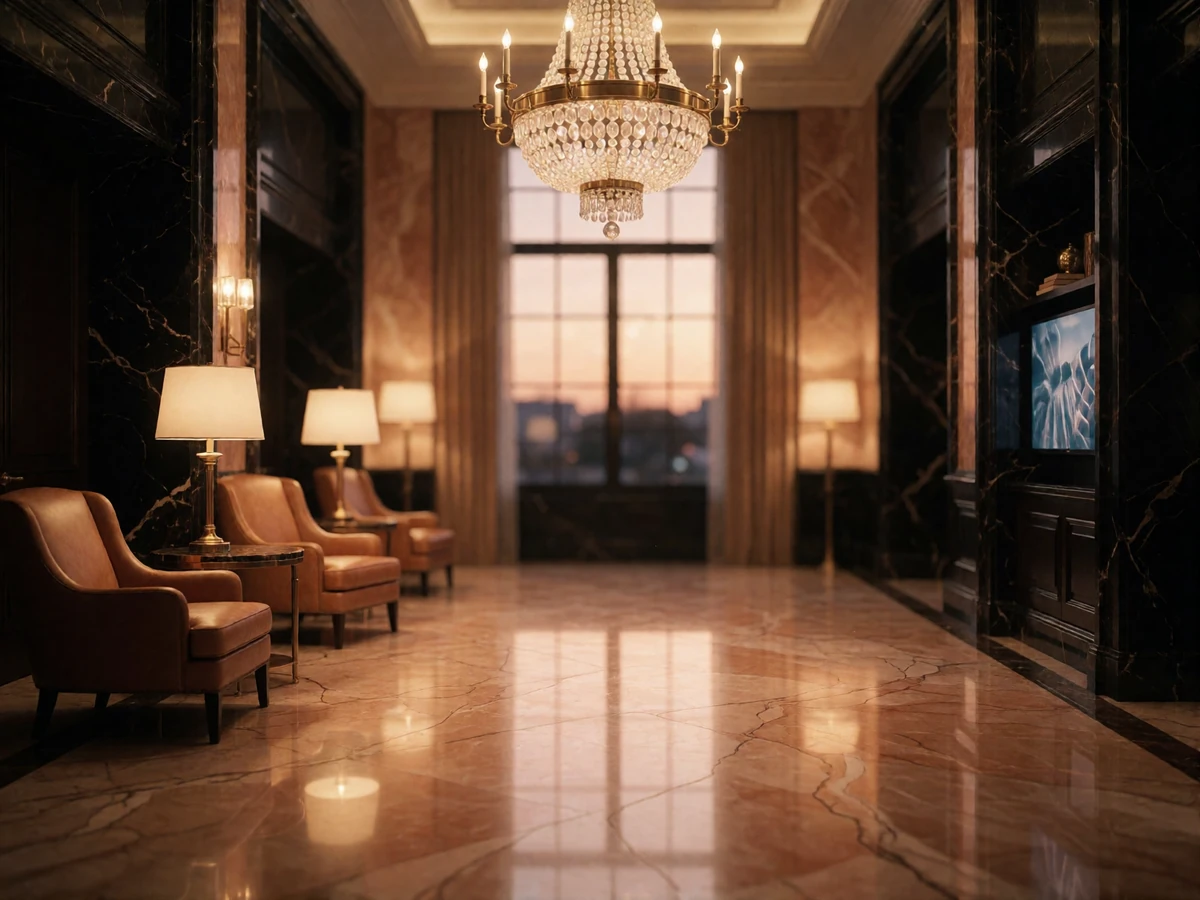 Grand marble hotel lobby lounge in Dallas with a crystal chandelier and warm amber lighting