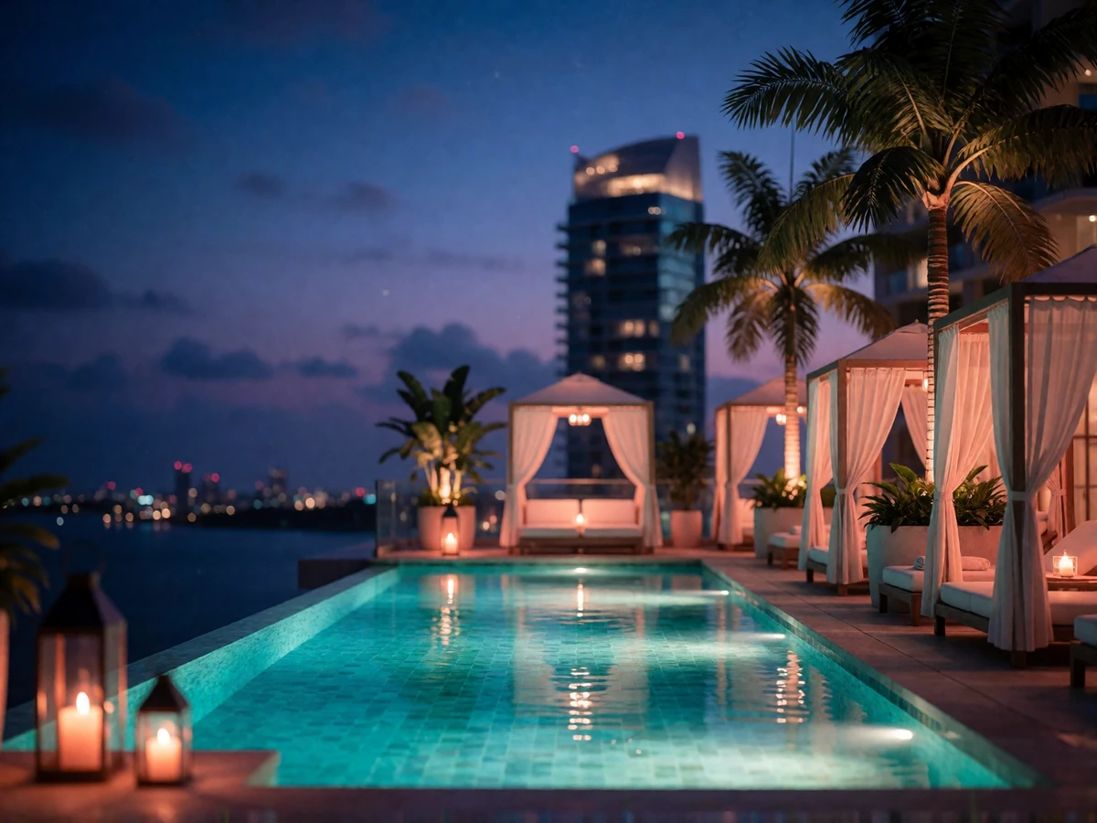 Rooftop infinity pool lounge overlooking Miami's bay and skyline at dusk, a setting favored for local introductions