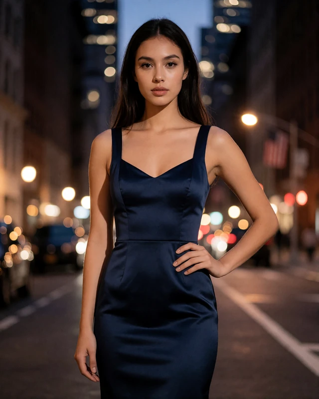 Woman with long dark hair in a fitted midnight-blue evening dress, an illustrative Upper East Side member profile portrait