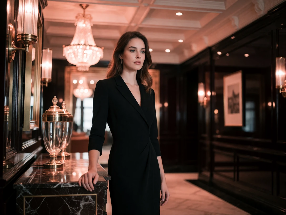 Poised woman in a black evening dress in an opulent Manhattan hotel lobby with a crystal chandelier