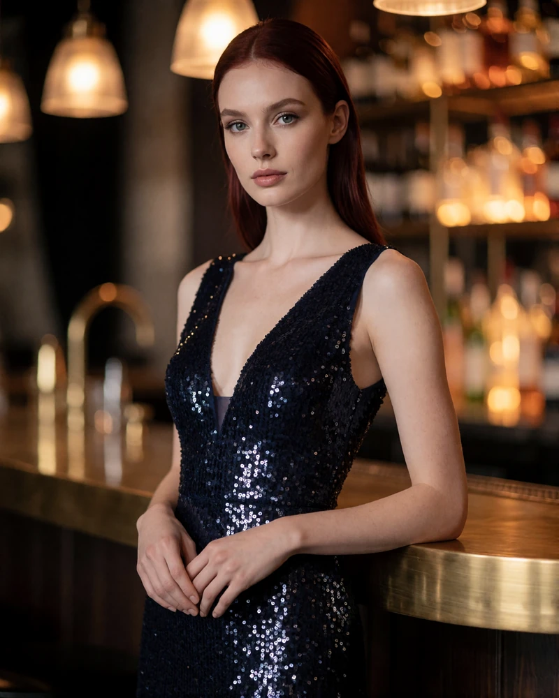 Woman with sleek auburn hair in a navy sequin cocktail dress, an illustrative Nashville member profile portrait