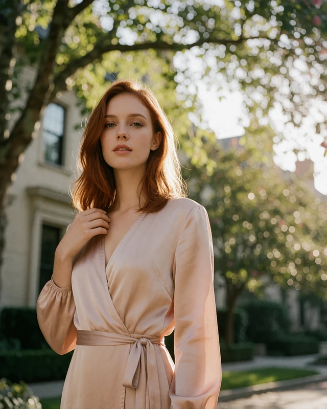 Woman with auburn shoulder-length hair in a blush wrap dress, an illustrative Highland Park Dallas member profile portrait