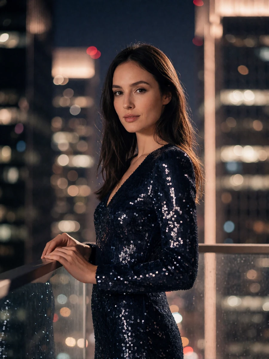 Woman in a midnight-navy sequined dress on a balcony with a blurred office tower skyline, an illustrative Chicago member profile portrait