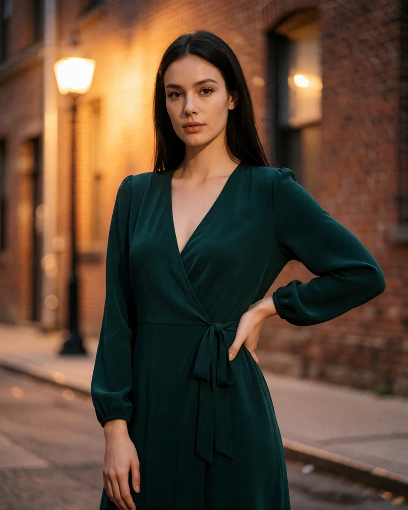 Woman with dark straight hair in an emerald wrap dress, an illustrative Columbus member profile portrait