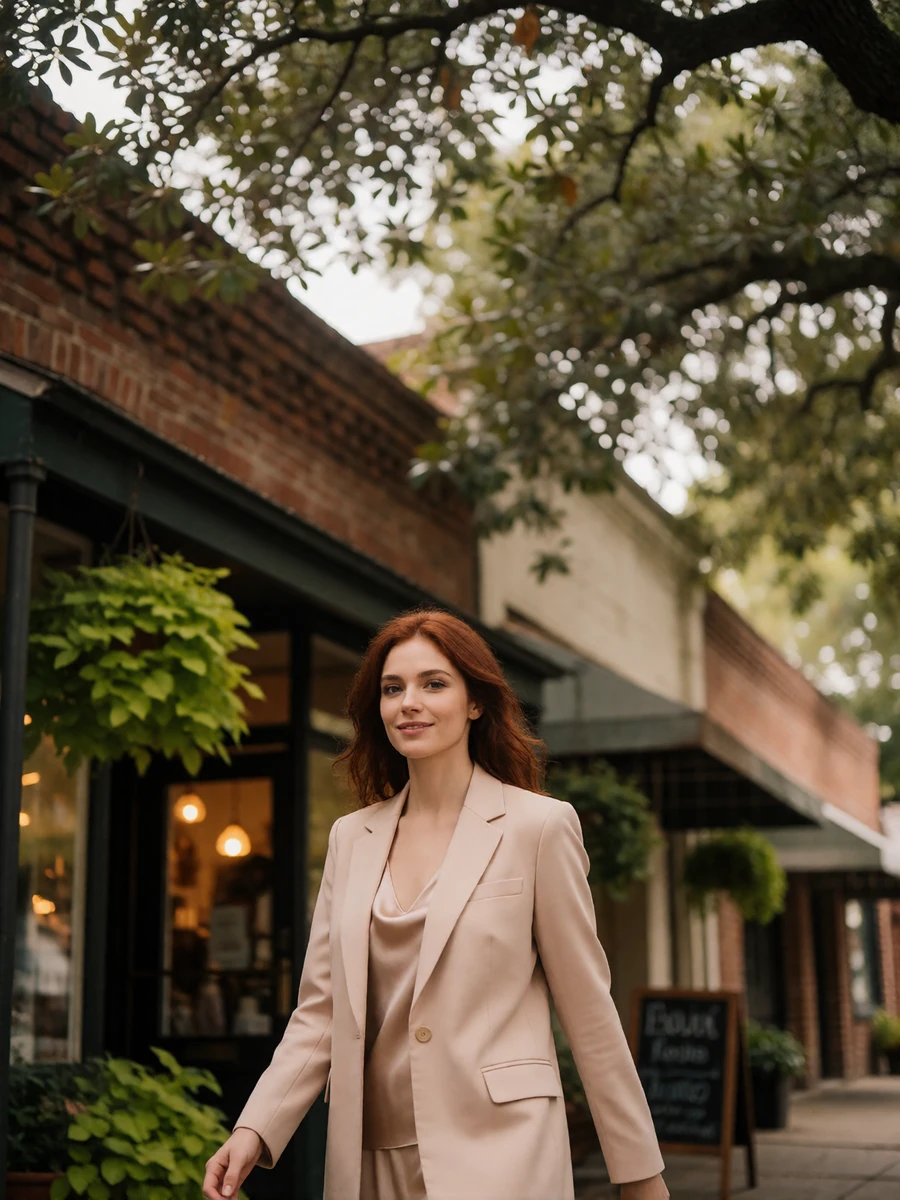 Woman with auburn hair in a blush blazer walking a shaded Hyde Park street in Tampa, an illustrative member portrait