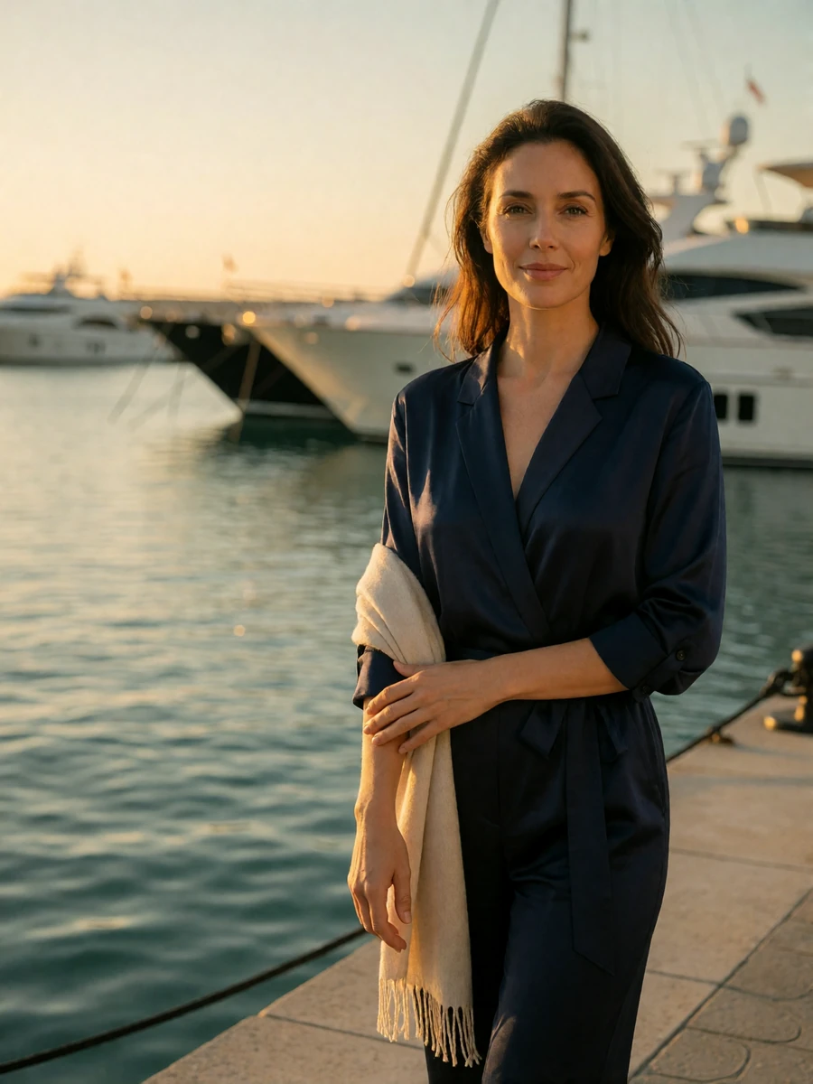 Woman in a navy silk jumpsuit on a marina boardwalk at golden hour, an illustrative Miami cougar dating member profile portrait