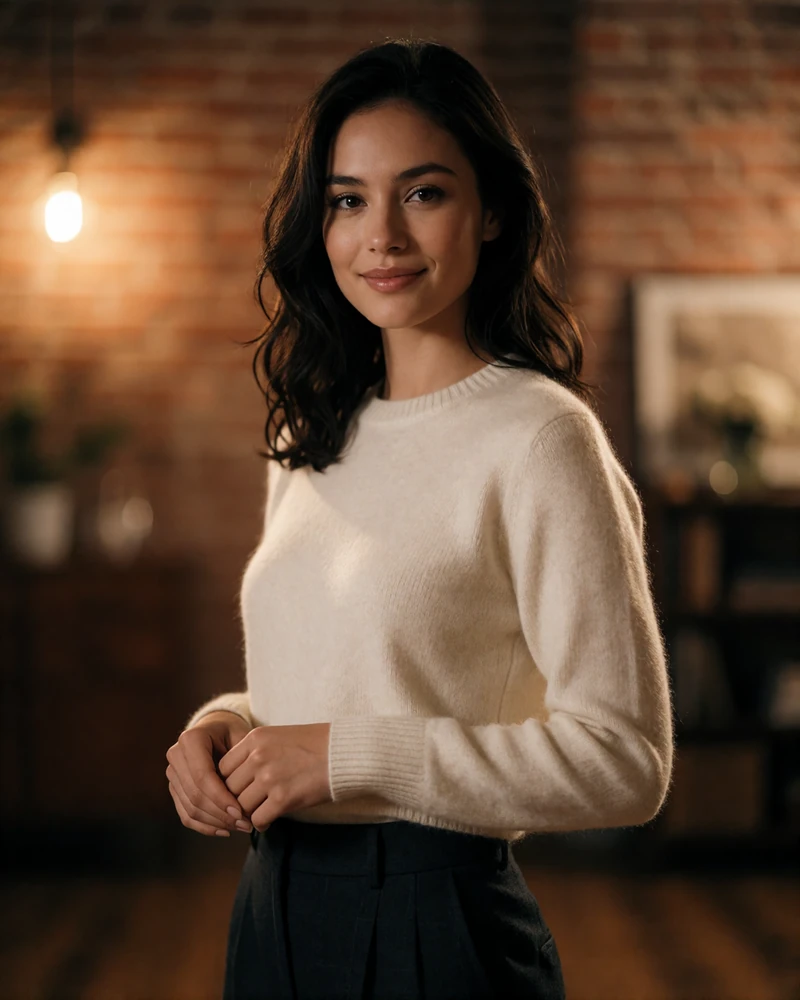 Woman with dark wavy hair in an ivory cashmere sweater, an illustrative Denver member profile portrait