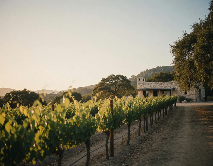 Rows of vines leading to a limestone tasting house in the Texas Hill Country under an afternoon sky