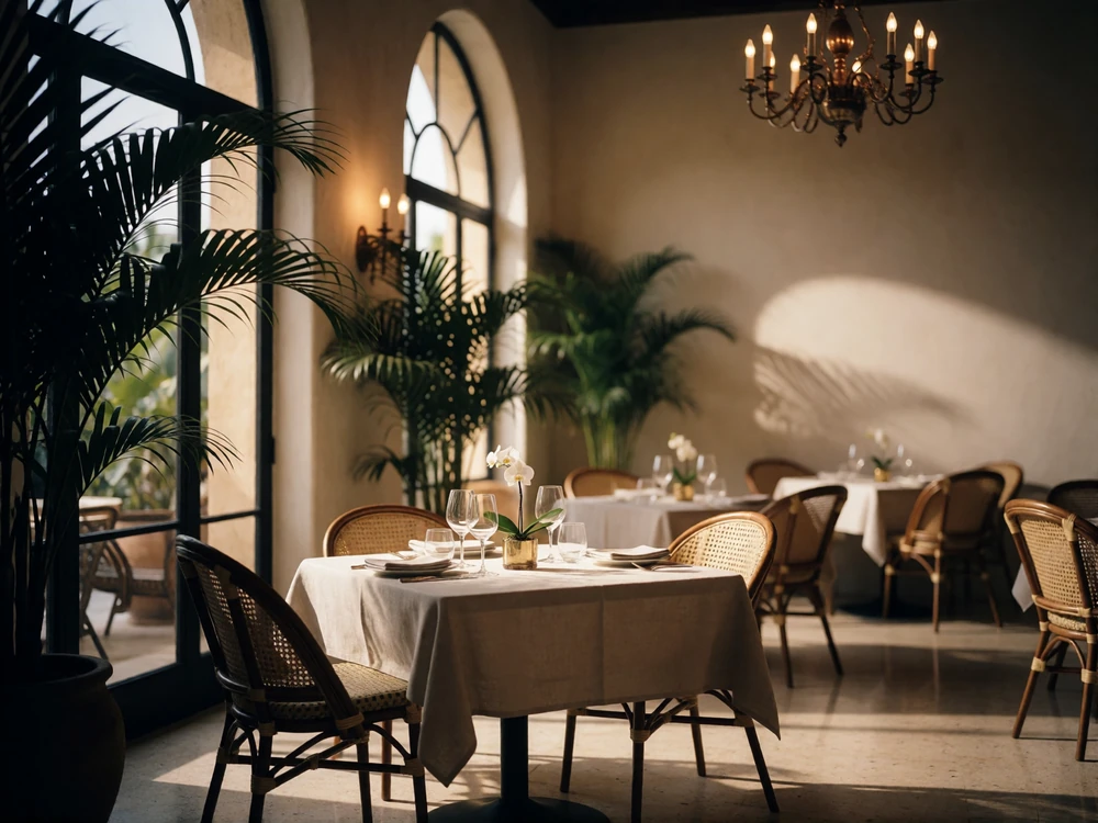 Refined hotel restaurant interior with an elegantly set table for two beneath arched windows