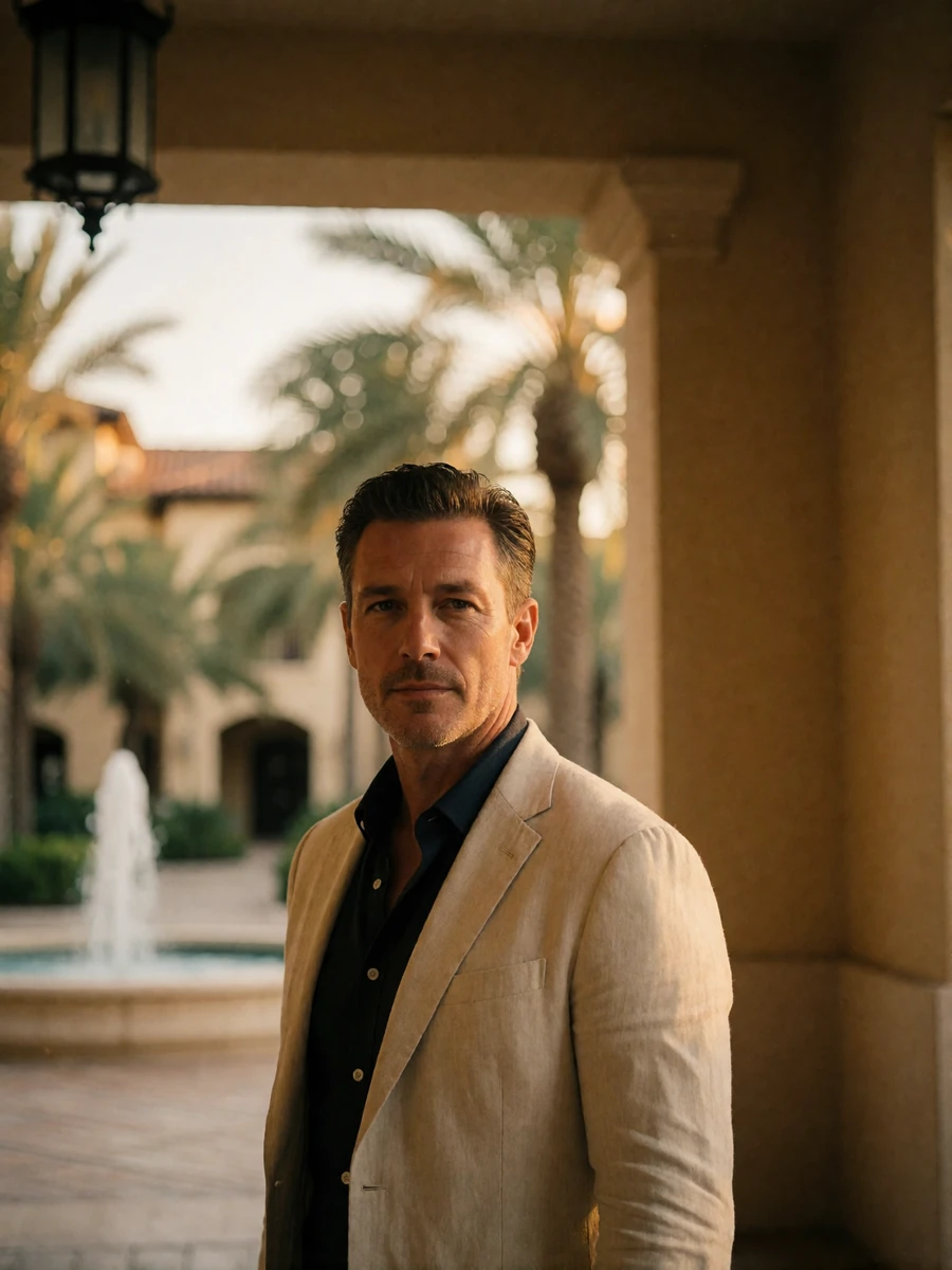 Man in a light linen blazer under a resort colonnade, an illustrative Orlando member profile portrait
