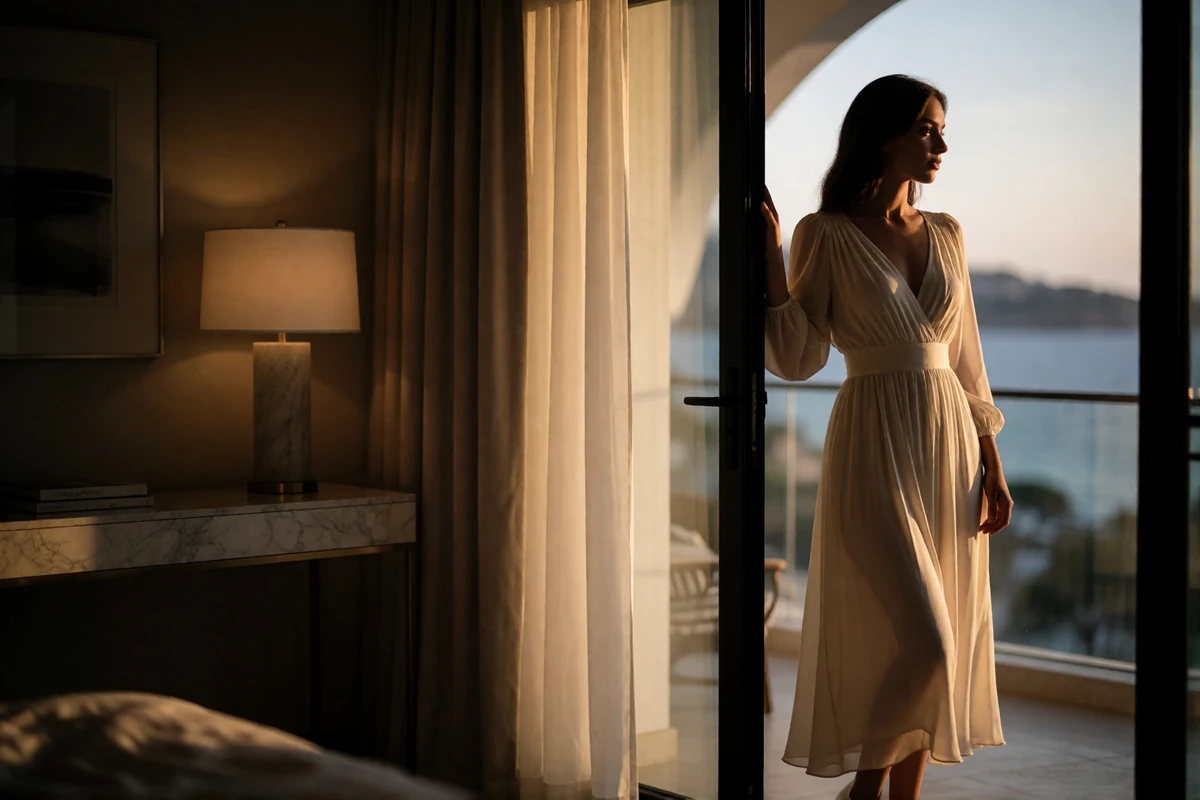 Woman in an ivory dress standing at the balcony doorway of a luxury hotel suite, coastline visible at golden hour