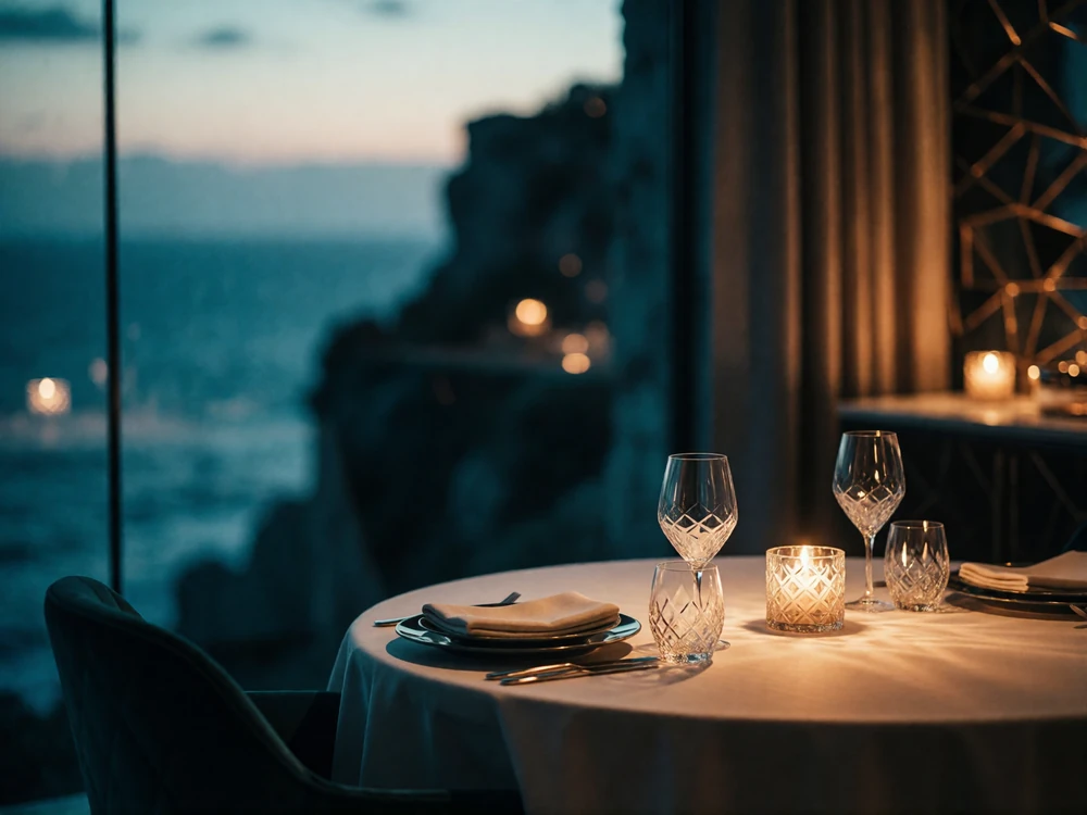 Cliffside fine dining room with a candlelit table for two overlooking a darkening ocean horizon
