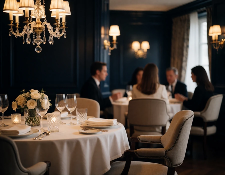 Intimate fine dining room with a linen-dressed round table and warm chandelier light